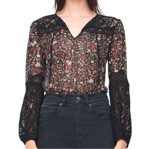 Rebecca Taylor Black Lyra Lace Floral Silk Blouse Sz 4